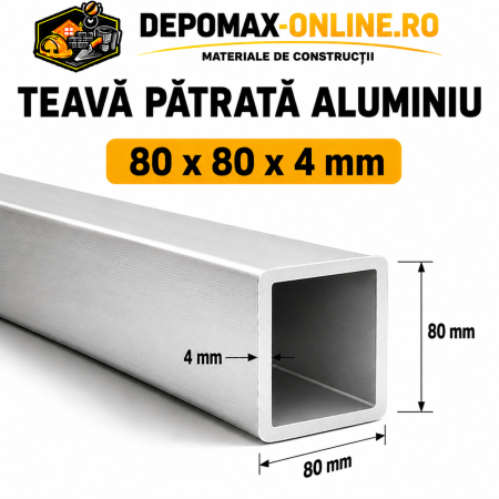 Teava patrata aluminiu 80 x 80 x 4 mm, 6 metri (EN AW-6060)